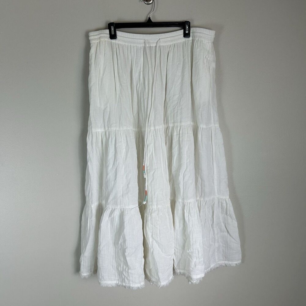 Bryant 2X Maxi Skirt White Gauze Cotton Tiered Long Peasant Cottagecore Prairie